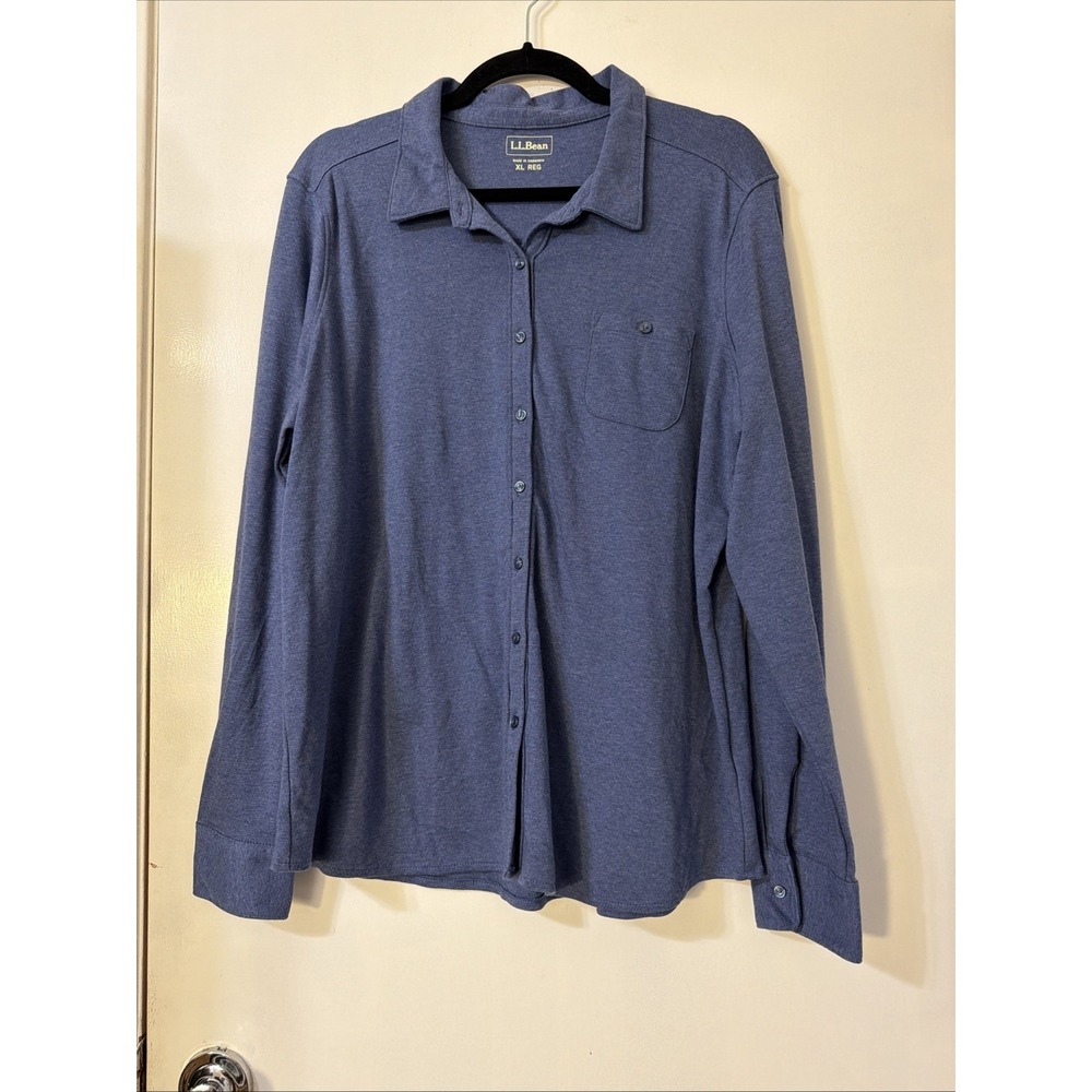 LL Bean Size XL Blue 100% Cotton Shrink Free Knit Button Front Shirt